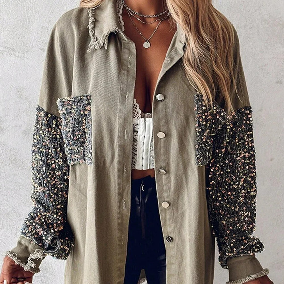 Khaki Party Women's Turn-Down Collar Contrast Sequin Raw Hem Button Down Shacket - Picture 3 of 5